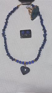 Conjunto Feminino, Colar, Brinco, Anel, na Cor Azul, HM108
