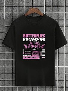 Camiseta Masculina Preta 100% Algodão Butterflies Urban Style