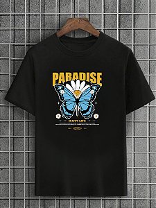 Camiseta Masculina Preta 100% Algodão Butterflies Paradise