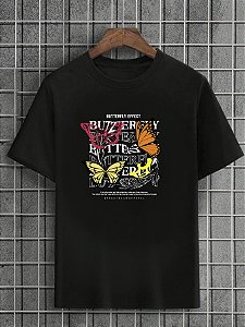Camiseta Masculina Preta 100% Algodão Butterflies Effect