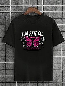 Camiseta Masculina Preta 100% Algodão Butterflies Faithful