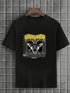 Camiseta Masculina Preta 100% Algodão Butterflies Evolution Yellow