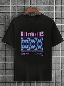 Camiseta Masculina Preta 100% Algodão Butterflies Street Wear