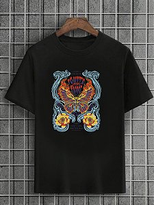 Camiseta Masculina Preta 100% Algodão Butterflies Flame