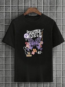 Camiseta Masculina Preta 100% Algodão Butterflies Positive World