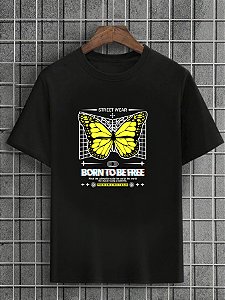 Camiseta Masculina Preta 100% Algodão Butterflies Born Free
