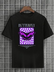 Camiseta Masculina Preta 100% Algodão Butterflies Purple