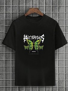 Camiseta Masculina Preta 100% Algodão Butterflies Green