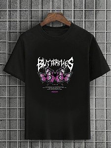 Camiseta Masculina Preta 100% Algodão Butterflies Pink