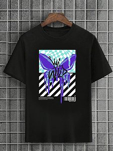 Camiseta Masculina Preta 100% Algodão Butterflies Blue