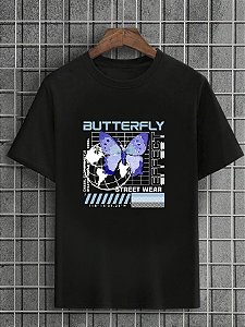 Camiseta Masculina Preta 100% Algodão Butterflies Effect Blue