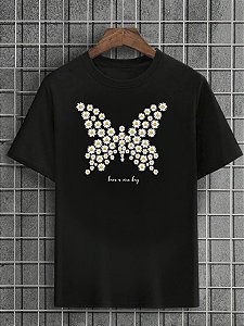 Camiseta Masculina Preta 100% Algodão Butterflies Flowers