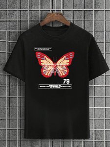 Camiseta Masculina Preta 100% Algodão Butterflies Theory