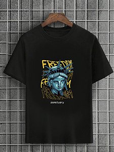 Camiseta Masculina Preta 100% Algodão City Freedom