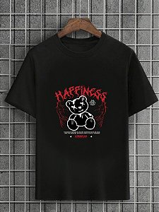 Camiseta Masculina Preta 100% Algodão Urso Happiness