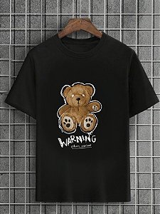 Camiseta Masculina Preta 100% Algodão Urso Warning