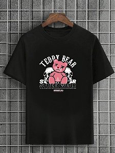 Camiseta Masculina Preta 100% Algodão Urso StreetWear