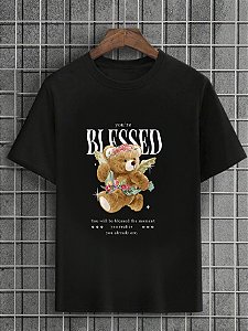 Camiseta Masculina Preta 100% Algodão Urso Blessed