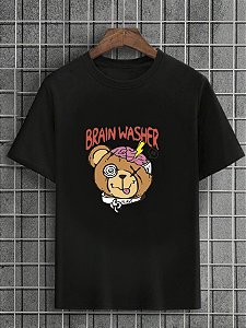 Camiseta Masculina Preta 100% Algodão Urso Brain Washer