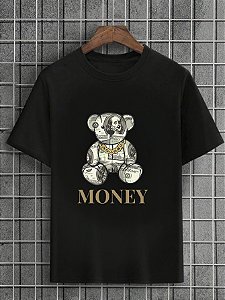 Camiseta Masculina Preta 100% Algodão Urso Money