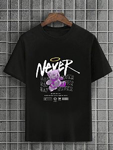 Camiseta Masculina Preta 100% Algodão Urso Never