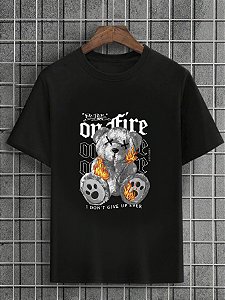 Camiseta Masculina Preta 100% Algodão Urso Fire