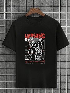Camiseta Masculina Preta 100% Algodão Urso Warning Prototype