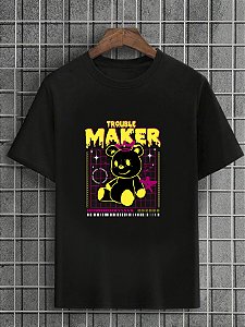 Camiseta Masculina Preta 100% Algodão Urso Trouble Maker