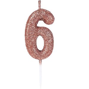 VELA DE ANIVERSÁRIO ROSE GOLD GLITTER PEQUENA - NÚMERO 6 - 01 UNIDADE - SILVER FESTAS