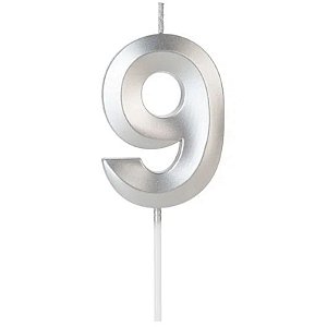 VELA DE ANIVERSÁRIO PRATA DESIGN NÚMERO 9  - 01 UNIDADE - SILVER FESTAS