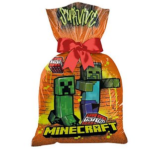 SACOLA SURPRESA  PLÁSTICA  FESTA MINECRAFT GRAFITE -  COM 12 UNIDADES - REGINA FESTAS