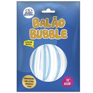 BALÃO BUBBLE TRANSPARENTE COM LISTRAS BRANCAS E AZUIS - 18" 45 CM - COM 01 UNIDADE - MUNDO BIZARRO