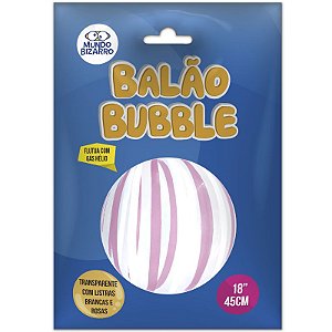 BALÃO BUBBLE TRANSPARENTE COM LISTRAS BRANCAS E ROSAS - 18" 45 CM - COM 01 UNIDADE - MUNDO BIZARRO