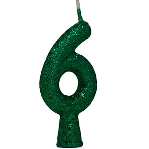 VELA DE ANIVERSÁRIO GLITTER VERDE TUBULAR PREMIUM - N° 6 - COM 01 UNIDADE - BELLO FESTAS