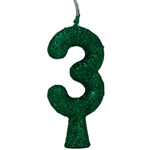 VELA DE ANIVERSÁRIO GLITTER VERDE TUBULAR PREMIUM - N° 3  - COM 01 UNIDADE - BELLO FESTAS