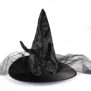 CHAPÉU DE BRUXA PRETO COM VÉU E COM PENA HALLOWEEN - CONTÉM 1 UNIDADE - GENGAL