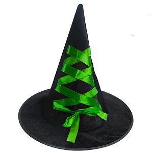 CHÁPEU DE BRUXA PRETO COM FITA VERDE HALLOWEEN - CONTÉM 1 UNIDADE - GENGAL