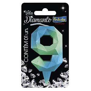 VELA DE ANIVERSÁRIO - N°9 DIAMANTE AZUL E VERDE - CONTÉM 01 UNIDADE - FESTCOLOR