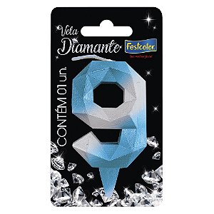 VELA DE ANIVERSÁRIO DIAMANTE AZUL/PRATEADA N 9 - 01 UNIDADE - FESTCOLOR