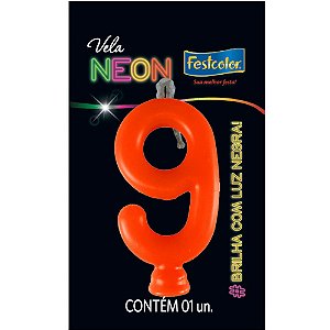 VELA DE ANIVERSÁRIO FESTA NEON NUMERO 9 - 1 UNIDADE - FESTCOLOR