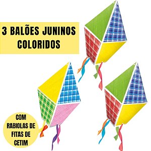 3 BALÕES XADREZ FESTA JUNINA C/ FITAS COLORIDO - KAIXOTE