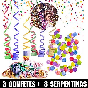 KIT CARNAVAL 3 SERPENTINAS + 3 CONFETES COLORIDOS FESTA FOLIA