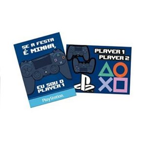 KIT DECORATIVO CARTONADO FESTA PLAYSTATION - 64CM X 45CM - CONTÉM 01 PAINEL + 10 PEÇAS DESTACÁVEIS - FESTCOLOR