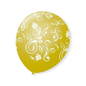 BALÃO DE FESTA DOURADO ARABESCO BRANCO 9'' 23CM - 25 UNIDADES - SÃO ROQUE