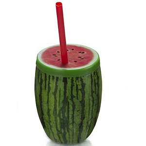 COPO FRUTA MELANCIA COM CANUDO 650 ML VERDE COM VERMELHO - INJETEMP