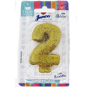 VELA DE ANIVERSÁRIO LIVE COLORS N°2 GLITTER OURO - 01 UNIDADE - JUNCO