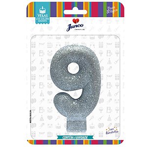 VELA DE ANIVERSÁRIO LIVE COLORS GLITTER PRATA N°9 - 01 UNIDADE - JUNCO