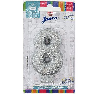 VELA DE ANIVERSÁRIO LIVE COLORS  N°8  GLITTER PRATA - JUNCO