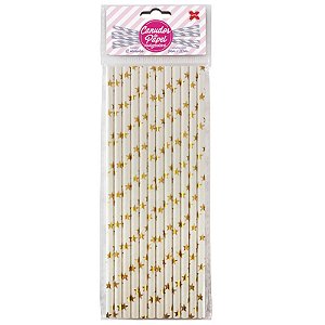 CANUDO DE PAPEL BRANCO E OURO METALICO ESTRELINHAS 6MMX200MM - COM 12 UNIDADES - MAKE MAIS