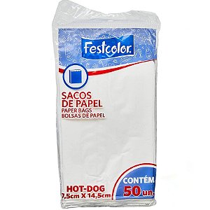 SACO DE PAPEL BRANCO 7,5X14,5 LISO HOT DOG CONTÉM 50 UNIDADES - FESTCOLOR